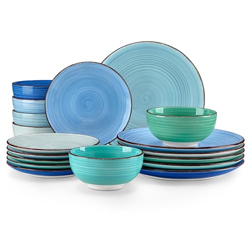 vancasso Bonita Plates and Bowls Set 18 Pieces Blue Stoneware Service for 6 | Modern Round Dinnerware Sets, Hand-Painted Spiral Dishes Set-Microwave and Dishwasher Safe (Blue,18 Pcs) - color: Bonita Blue, size: Service for 6 (18 pcs)