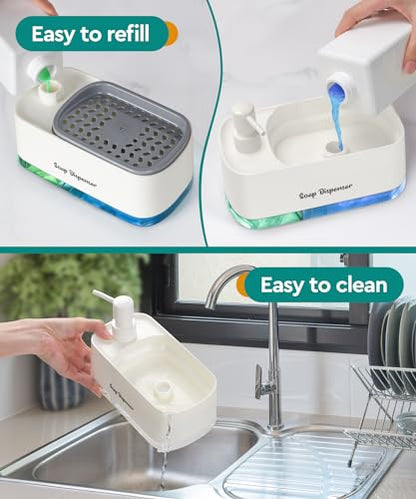 Kitchen Dish Soap Dispenser Set，Dish and Hand Soap Dispenser with Sponge Holder, 3-in-1 Countertop Sponge Dual Soap Pump Dispenser for Kitchen Sink - White