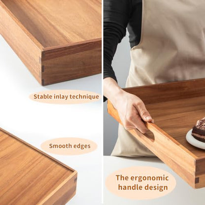 Large Wooden Serving Tray for Ottoman Wooden Ottoman Tray 20INCH Acacia Square Tray with Handles Wooden Coffee Table Tray Multi-Use for Dinner Breakfast Snack & Entertaining Guests
