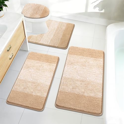 Bsmathom Bathroom Rug Set 4 Piece, Plush Microfiber Bath Mat, Beige | Super Water Absorbent, Non Slip Machine Washable Bath Rug Sets with Toilet Lid Cover and U-shaped Contour Toilet Mat - color: Beige, size: 18"x26"+20"x31"+U20"x24"+Cover19"x21"
