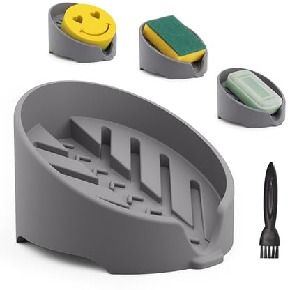 NiHome Silicone Sponge Holder for Kitchen Sink, Fits Scrub Daddy Mommy | Self-Draining Dispenser Organizer Tray, Sink Caddy Countertop Fits Soaps, Scrubber, Dishwasher Safe, Includes Brush - color: Dark Gray