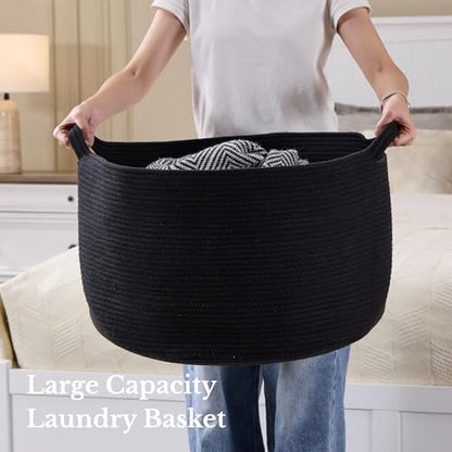 Extra Large Nursery Storage Basket, 22 x 22 x 14 inches - 100% Cotton Rope Baskets with Handles, Blanket Basket for Toys, Blankets & Pillows - Inner Black - color: Pure Black