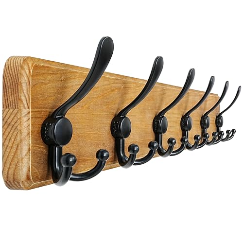 Coat Rack Wall Mounted - 24" Long 6 Tri Hooks, Heavy Duty Wooden Wall Coat Hanger Coat Hook for Clothes Hat Jacket Clothing, Weathered Yellow and Black - color: Weathered Brown & Black, size: L=24"