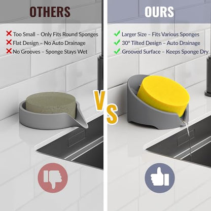 NiHome Silicone Sponge Holder for Kitchen Sink, Fits Scrub Daddy Mommy | Self-Draining Dispenser Organizer Tray, Sink Caddy Countertop Fits Soaps, Scrubber, Dishwasher Safe, Includes Brush - color: Dark Gray