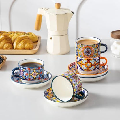 vancasso 8 Oz Espresso Cup Set of 4, Bohemian Ceramic with Stand | Microwave and Dishwasher Safe, Easy Clean, For Cappuccino, Tea, Latte, Espresso, Stackable Design with Handle - size: 8 Oz