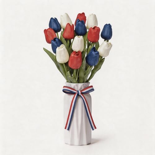 Artificial Tulip Flower Arrangement in Ceramic Vase with Rustic Heart Charm, 15 PCS PU Real Touch Faux Floral Table Centerpiece for Home, Dining Table, Wedding Décor, Red White and Blue - color: 3 Color Mixed 1