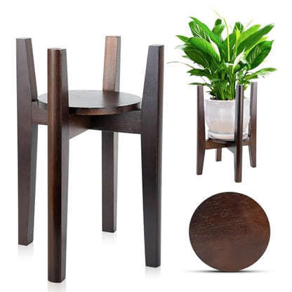 Adjustable Plant Stand with Tray,Indoor Wood Plant Stand Fit 8'' to 12'' Planter,Mid Century Modern Flower Pot Holder Rack(Plant and Pot Not Included) - color: Walnut, size: 1 PACK