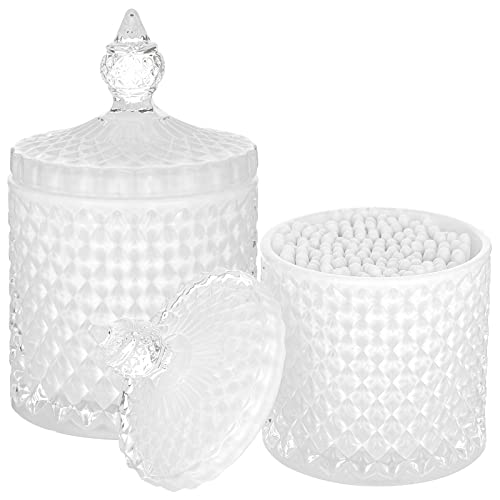 2 Pack Qtip Holder Apothecary Jars with Lid, Thick Glass, White | Bathroom Canisters Storage Organizer for Cotton Swabs, Balls, Pads, Floss Picks, Candy, Jewelry, Bathroom Decor - color: White, size: 10 oz (2 pack)