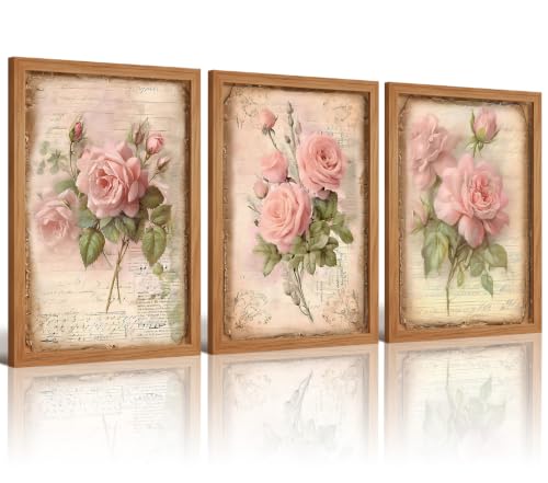 EEYNAQQ Vintage Pink Rose Wall Art, 3-Piece Wood Framed Floral Canvas Painting, Retro Botanical Wall Decor for Living Room Bedroom kitchen, 12x16 Inches Ready to Hang - color: Pink Rose Wall Art Wooden Frame, size: 12x16 Inches