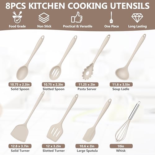 TeamFar Silicone Cooking Utensils Set, 8 PCS Kitchen Utensils Set, Khaki | 446°F Heat Resistant Turner, Spatula, Spoon, Whisk, Kitchen Cooking Gadgets Tools, for Nonstick Cookware, Dishwasher Safe - color: Khaki