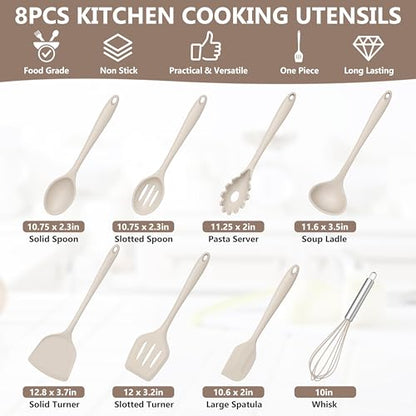 TeamFar Silicone Cooking Utensils Set, 8 PCS Kitchen Utensils Set, Khaki | 446°F Heat Resistant Turner, Spatula, Spoon, Whisk, Kitchen Cooking Gadgets Tools, for Nonstick Cookware, Dishwasher Safe - color: Khaki