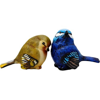 Resin Bird Figurines Set of 2, 2.4 Inch Grumpy Bird Decor | Hand-painted cobalt blue and olive-yellow birds, 2.6 oz each, with flat bases for stable indoor and outdoor display