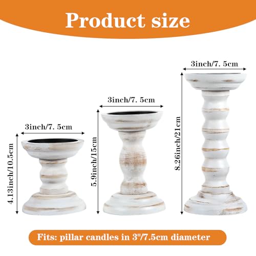 3 Pcs Wood Pillar Candle Holder Rustic White Candle Holder Set of 3 Tall Table Centerpiece Decor Wooden White Farmhouse Decorations for Fireplace Mantle