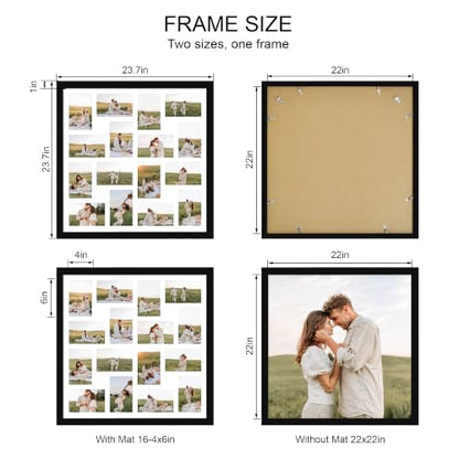 Hongkee 22x22 Frame 2 Pack, Fits 16 4x6 Photo with Mat- Real Glass Cover | Black Wooden, Display Collage Sixteen 4x6 - Wall Mounting, fits Photos, Posters and Art - color: Black, size: 22x22 in matted to 16-4x6