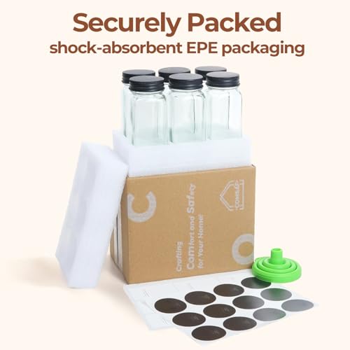 ComSaf Glass Spice Jars with with Labels 4 oz 6 Pack Small Square | Empty Containers, Seasoning Herb Powder, Salt Pepper Chili, Spice Rack Organization, Kitchen Cabinet Storage, Funnel Included - color: 4oz*6 Metal Lids