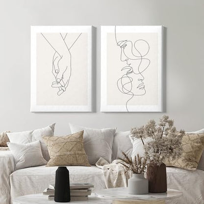 Abstract Couple Line Art Line Face Wall Art Minimalist Line Art Prints Black Line Pictures Holding Hands Canvas Wall Art Black and White Minimalist Poster for Living Room Bedroom 16x24inx2 Framed - color: Abstract Couple Line Art Framed