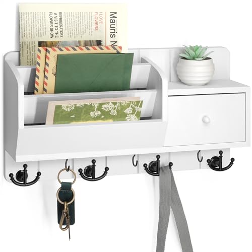 Rebee Vision Key Holder Wall Mount with Mail Organizer for Entryway, White | 3 Mail Sorters, Drawer, 7 Hooks, Sorts Letters, Stores Small Items, Mail and Key Organizer for Wall, Accent for Apartments - color: White