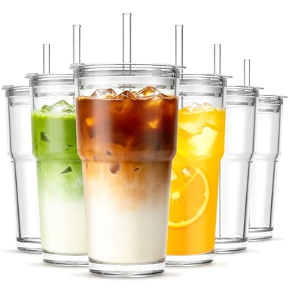 INSETLAN 20 oz Clear Glass Cup with Lid and Glass Straw, Set of 6 Thickened Glass Coffee Tumblers, Drinking Glasses with Straw for Smoothie, Tea, Milk, Whiskey, Water and More – Elegant & Durable - color: 20 oz - 6 Pcs