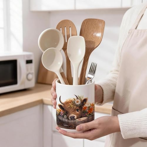 Highland Cow Ceramic Utensil Holder for Kitchen Counter, Farmhouse Rustic Highland Cow Decor 5.4" Kitchen Cooking Crock Utensil Holder for Countertop
