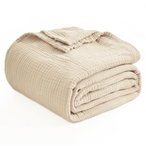 EMME Cotton Blanket King Size for Bed Soft Muslin Blankets 108"x90" Beige Lightweight Breathable Layering Bedspread Coverlet All Season Gauze - color: 02 - Beige, size: King (108" x 90")