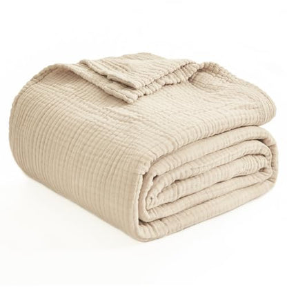 EMME Cotton Blanket King Size for Bed Soft Muslin Blankets 108"x90" Beige Lightweight Breathable Layering Bedspread Coverlet All Season Gauze - color: 02 - Beige, size: King (108" x 90")