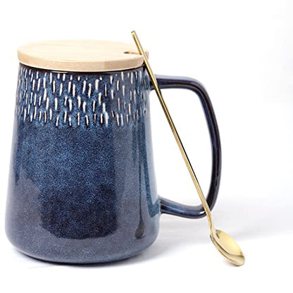 Large Ceramics Coffee Mugs,24 OZ,with Spoon and Wooden Lid,for Coffee,Tea,Large Handle Design,Microwave and Dishwasher Safe(Color:24 oz star blue set) - color: 24 oz star blue set