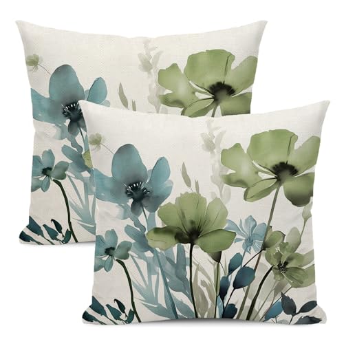 Spring Floral Pillow Covers 18x18 Inches Set of 2 Sage Green Blue Floral Throw Pillow Covers Outdoor Rustic Summer Flower Decoration Pillowcase Farmhouse Decorative Cushion Cover For Sofa Couch - color: Flower- Sage Green Blue, size: 18" x 18" (Pack of 2)
