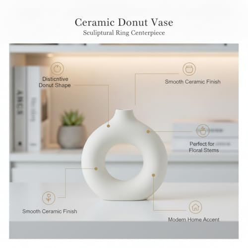 Ceramic Donut Vase, White Sculptural Ring Centerpiece for Shelf Mantel Desk Display (1 PC) - size: 8.46 x 2.56 x 9.06 in