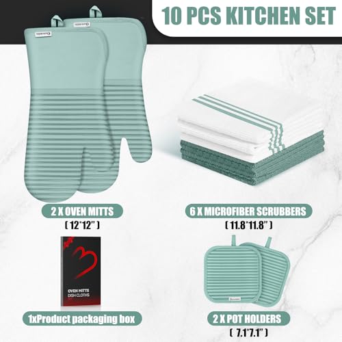 Oven Mitts and Pot Holder Sets with Silicone Grip, 500°F Heat Resistant-6 Pack Dishcloth/Dish Towels for Kitchen 100% Cotton-Value Kitchen Essentials for Cooking, Baking, Grilling-Mint Green - color: Mint Green
