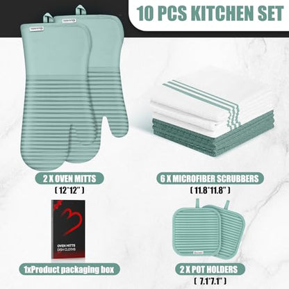 Oven Mitts and Pot Holder Sets with Silicone Grip, 500°F Heat Resistant-6 Pack Dishcloth/Dish Towels for Kitchen 100% Cotton-Value Kitchen Essentials for Cooking, Baking, Grilling-Mint Green - color: Mint Green