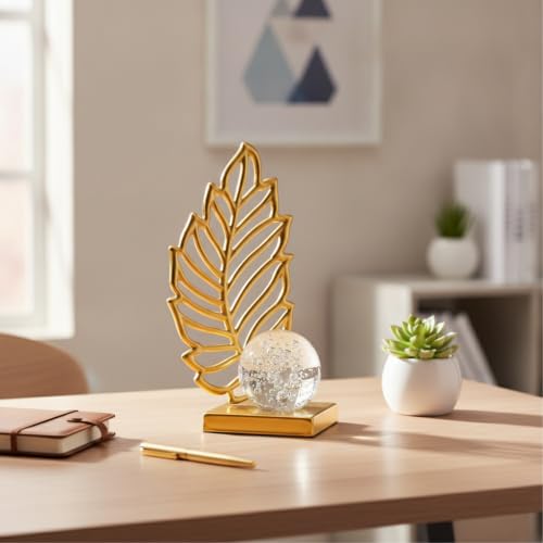 for Shelf, Desk, or Console Table Display: Modern Geometric Metal Leaf and Crystal Ball Sculpture Accent (1 PC) - size: 3.27 x 3.27 x 6.3 in