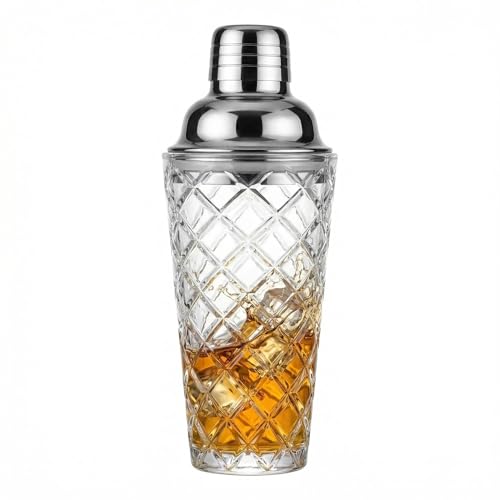 15oz Diamond-Cut Crystal Cocktail Shaker Clear Glass with Polished Stainless Steel Lid - Premium Bar Tool for Home Bartenders - Ideal for Cocktails, Mocktails, and More - color: Geometric Cocktail Tool