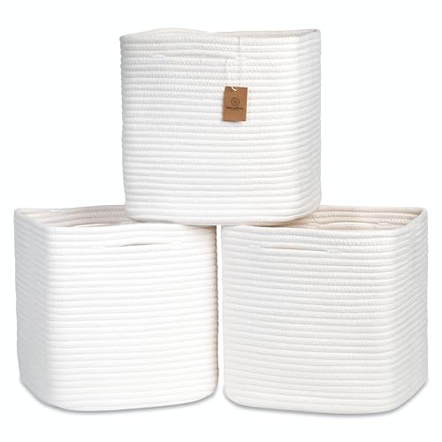 NaturalCozy 13 Inch Cube Storage Bins Cotton Rope Woven Baskets for Organizing 3-Pack | 13 x 13 Storage Cubes | Fabric Square Storage Baskets for Shelves Organizer, Kids Toy Bins, Closet Baby Nursery - color: Off White, size: 13 x 13 x 13 (Standard)
