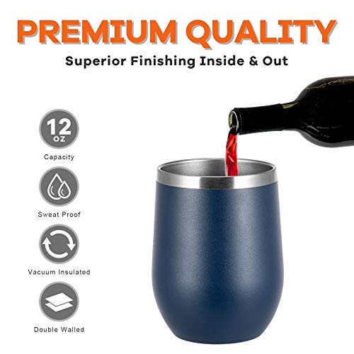 COMOOO 12oz Stainless Steel Wine Tumbler with Lid and Straw Double Wall Vacuum Insulated Wine Tumbler Cup Stemless for Hot and Cold Drinks, Coffee, Wine, Cocktails Navy, 8 Pack - color: Navy