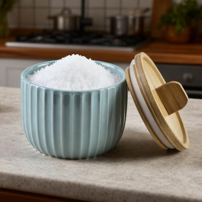Salt Cellar Keeper with Bamboo Lid, 14oz Big Capacity Ceramic Sugar Bowls Pepper Box, Crackle Glaze Seasoning Container Condiment Pot for Kitchen (Cyan Color) - color: Cyan