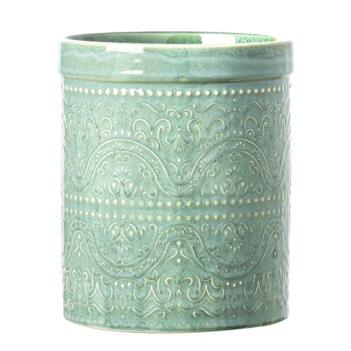 Kitchen Utensil Holder, 7 Inches Large Ceramic Utensil Holder for Countertop, Lace Emboss Cooking Utensil Crocks for Kitchen, Home Decor, Off-White, Forest Green - color: Forest Green (Lace Emboss)