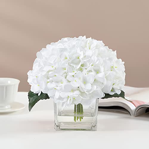 Silk Hydrangea Artificial Flowers in Vase with Faux Water, Silk Flower Arrangements in Vase for Wedding, Dining Table, Living Room (White) - color: White