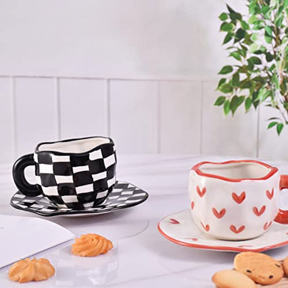 Koythin 10oz Ceramic Coffee Mug With Saucer, Black White Plaid Latte Cup | 300ml Drinkware, Microwave & Dishwasher Safe; Daily Office Cup, Sweet Gift For Women - color: Black and White Plaid