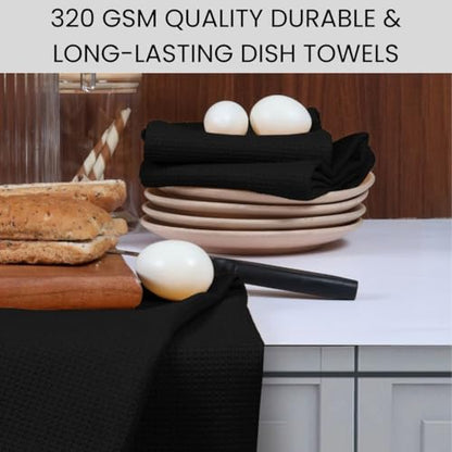 Waffle Kitchen Towels Large 16x26 inch 100% Cotton Set of 4 - Soft Absorbent Washable Tea Towel for Kitchen - Dish Cloths Quick Drying - 320 GSM Quality Dish Towels Black - color: Black