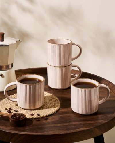famiware Coffee Mug Set of 4, Star 12 oz Ceramic Mugs Cups Set with Handle | Stoneware Stackable Catering Cup for Coffee, Tea, Cappuccino, Latte, Microwave & Dishwasher Safe, Light Pink - color: Star-Light Pink, size: 4 Count (Pack of 1)