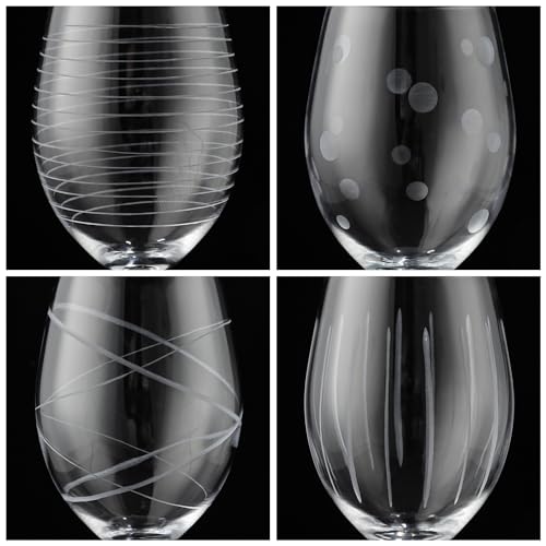 Joeyan Hand Blown Etched Red and White Wine Glasses,Stemmed Glasses with Stripes and Dots Pattern,Clear Carved Long Stem Glassware Set for Wine Tasting Birthday Anniversary Wedding,19 oz,Set of 4 - color: Etched Dots Swirls Strips Patterned Wine Glasses