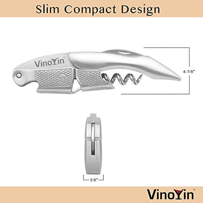 All In One Waiter's Corkscrew Gift Set - Stainless Steel Cool Silver Color - Includes Wine & Beer Bottle Opener and Foil Cutter, with Gift Box by VinoYin