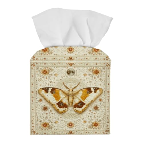 Tissue Box Cover Square, PU Leather Tissue Box Holder for Bathroom, Living Room & Office Desk, Mystical Moth with Moon & Floral, Decorative Modern Tissue Box Cover - color: Mystical Moth With Moon & Floral