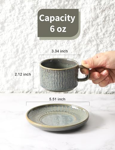 Espresso Cup with Saucer - 6 Ounce Ceramic Espresso Mugs Set of 4, Cappuccino Cups Set, Latte Coffee Cups for Coffee, Cafe Mocha, Tea, Green