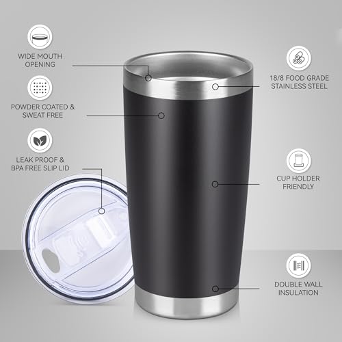 20 oz Tumbler Stainless Steel Tumblers Bulk with Lid Double Wall Insulated Coffee Tumbler Cups for Hot & Cold Drinks Powder Coated Travel Coffee Tumbler Mug Metal (Black, 12 pack) - color: Black, size: 20 ounces (12 pack)