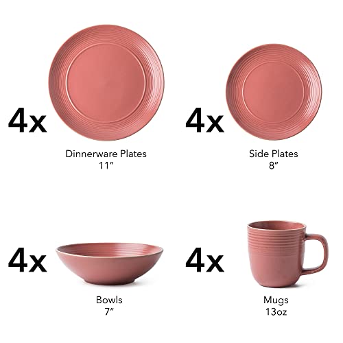 Arora RINGAR Round Stoneware 16pc Dinnerware Set of 4, Dinner Plates, Side Plates, Cereal Bowls, Mugs - Speckle Matte Red (395476) - color: Speckle Matte Red-Bowl/Mug, style: Round-Service for 4(16pcs)