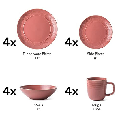 Arora RINGAR Round Stoneware 16pc Dinnerware Set of 4, Dinner Plates, Side Plates, Cereal Bowls, Mugs - Speckle Matte Red (395476) - color: Speckle Matte Red-Bowl/Mug, style: Round-Service for 4(16pcs)