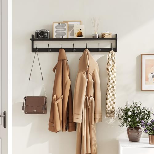 BAMEOS Wall Hooks with Shelf 35 Inch Length Entryway Hanging Shelf Wood Coat Hooks Wall-Mounted Coat Hook Rack with 7 Dual Hooks for Bathroom, Living Room, Bedroom (Black) - style: Black-35IN with shelf