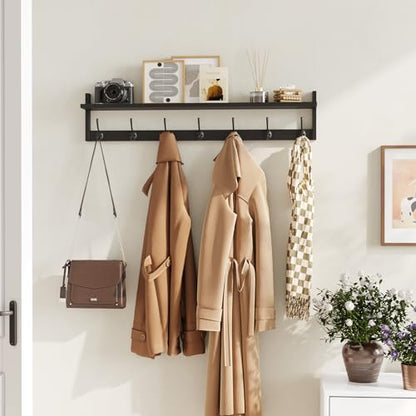 BAMEOS Wall Hooks with Shelf 35 Inch Length Entryway Hanging Shelf Wood Coat Hooks Wall-Mounted Coat Hook Rack with 7 Dual Hooks for Bathroom, Living Room, Bedroom (Black) - style: Black-35IN with shelf