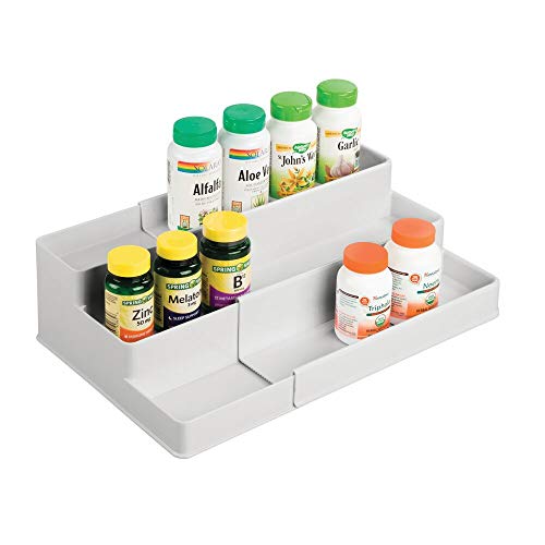 mDesign Plastic Expandable 3-Tier Shelf Rack Organizer - Storage for Bathroom Vanity, Cabinet, Cupboard, Drawer - Holds Medicine, Vitamins, Supplements, Cosmetics - Ligne Collection - Light Gray - color: Light Gray